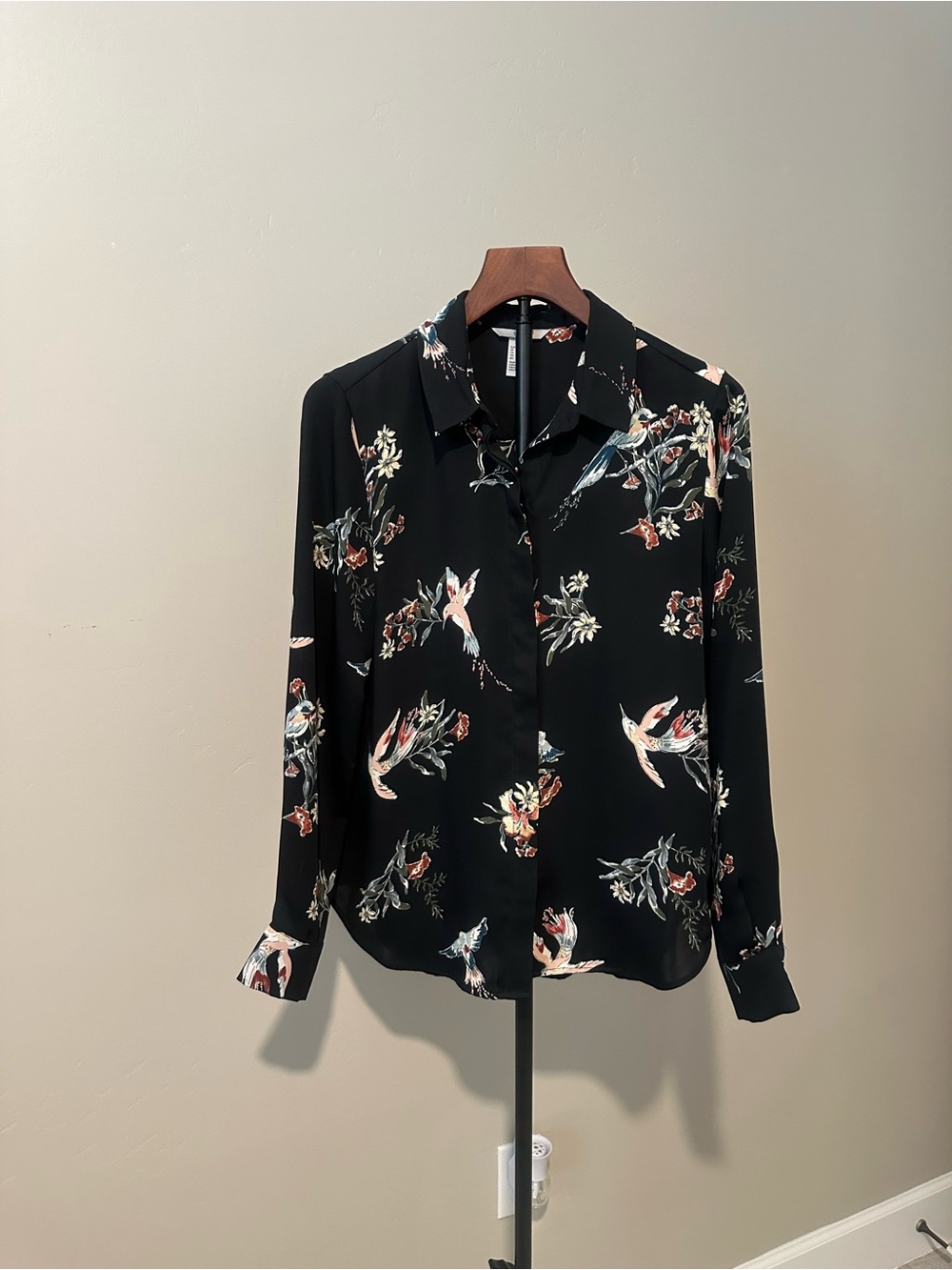 H&M Black Floral & Bird Print Button-Down Shirt